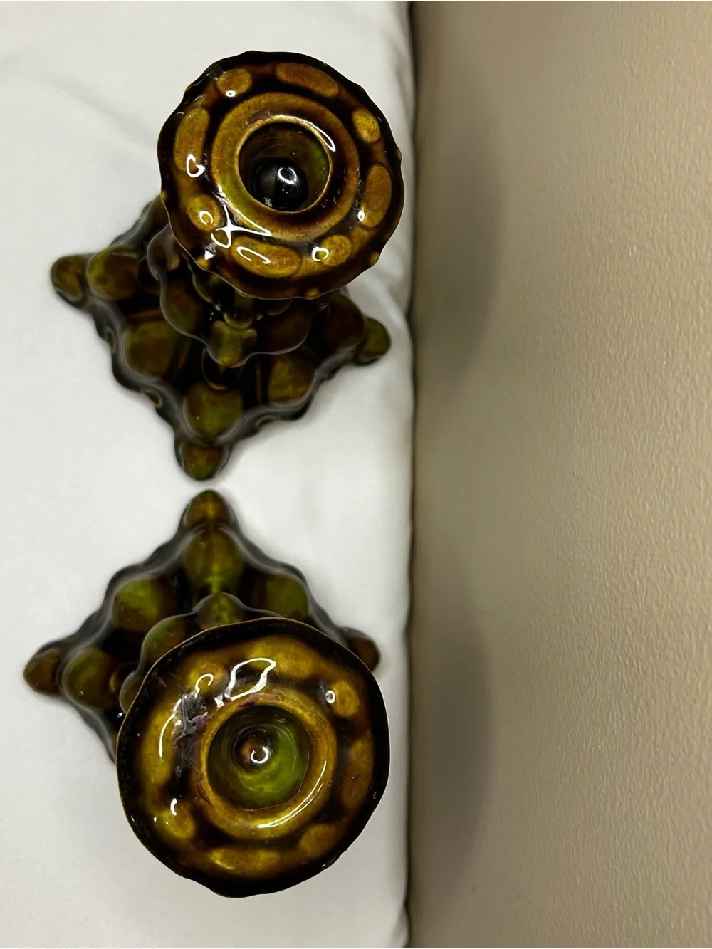 Green & Brown Glazed Decorative Ceramic Candlestick Pair. Handcrafted.